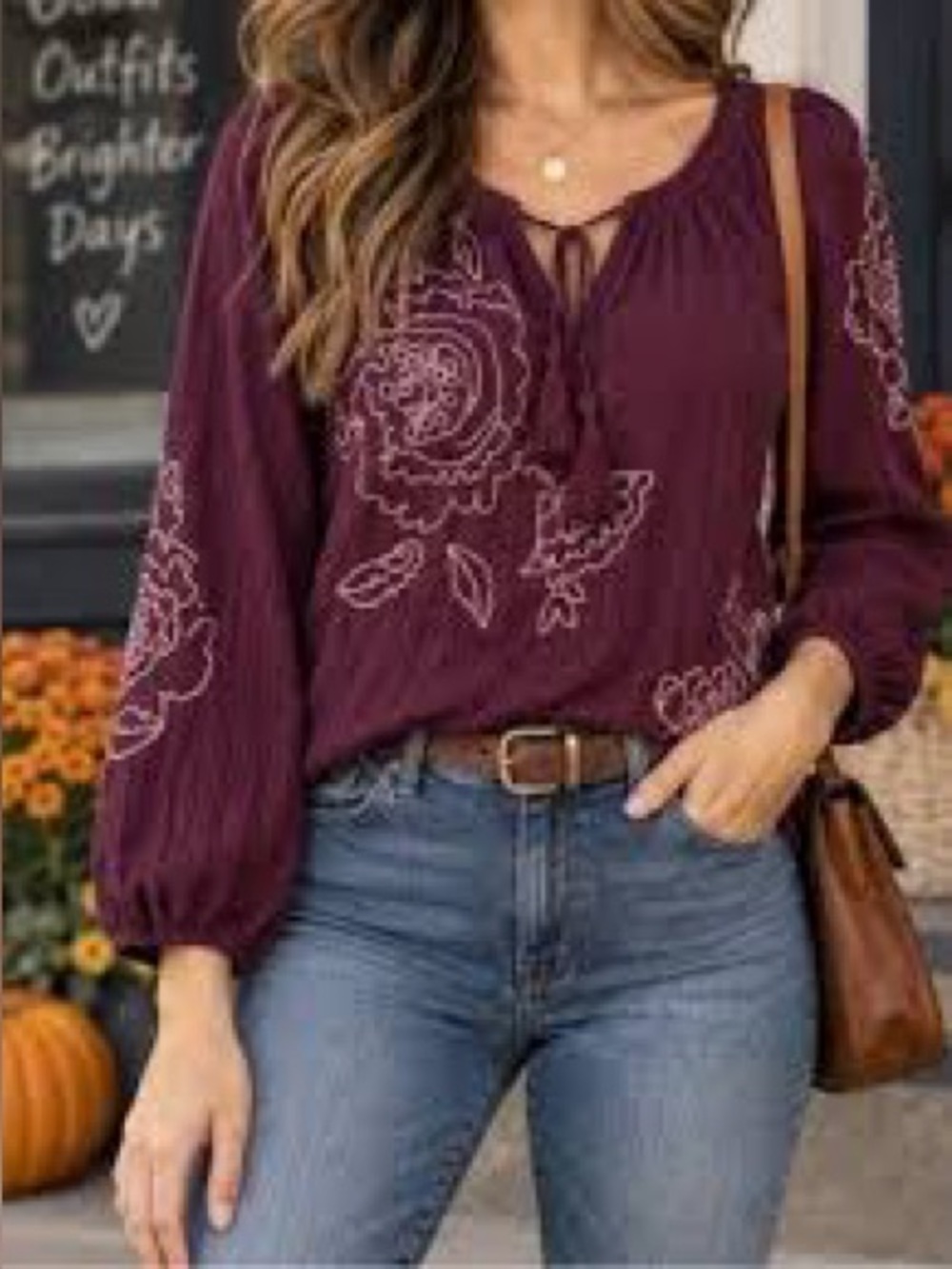 Style & Co. Wine Embroidered Tassel V-Neck Blouse